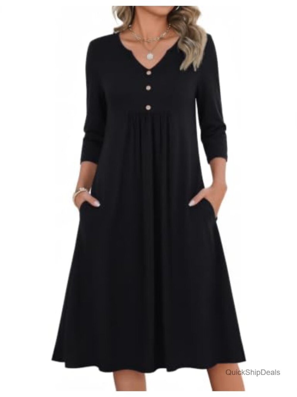 3/4 Sleeve A-Line Midi Dress with Pockets V-Neck Empire Waist Casual Fall Dress
